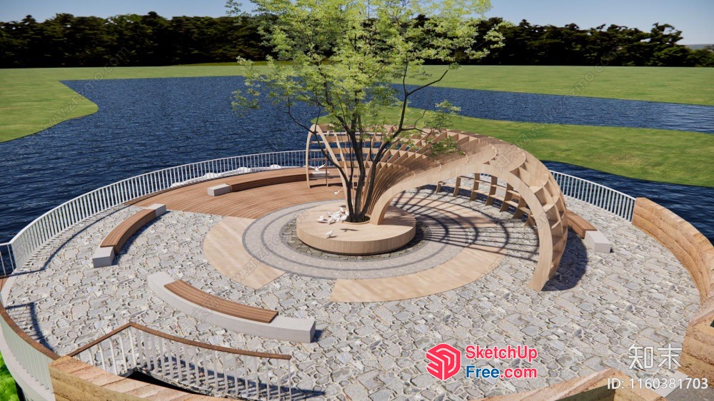 Serene Outdoor Gathering Space With Tree And Water Features 3D SketchUp File