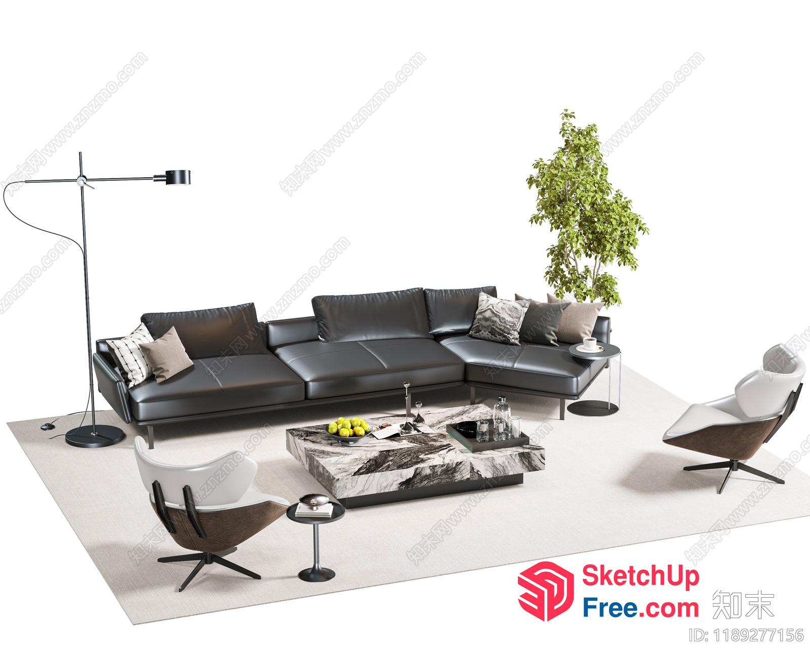 Modern Minimalist Living Room With Black Leather Sofa And Marble Coffee Table 3D SketchUp File
