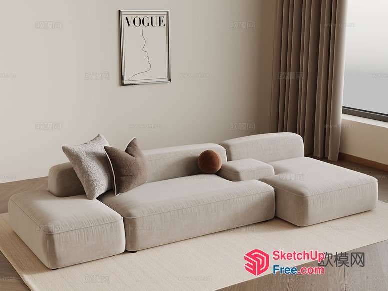 Minimalist Living Room With Creamy Style Sofa And Pillows 3D SketchUp File