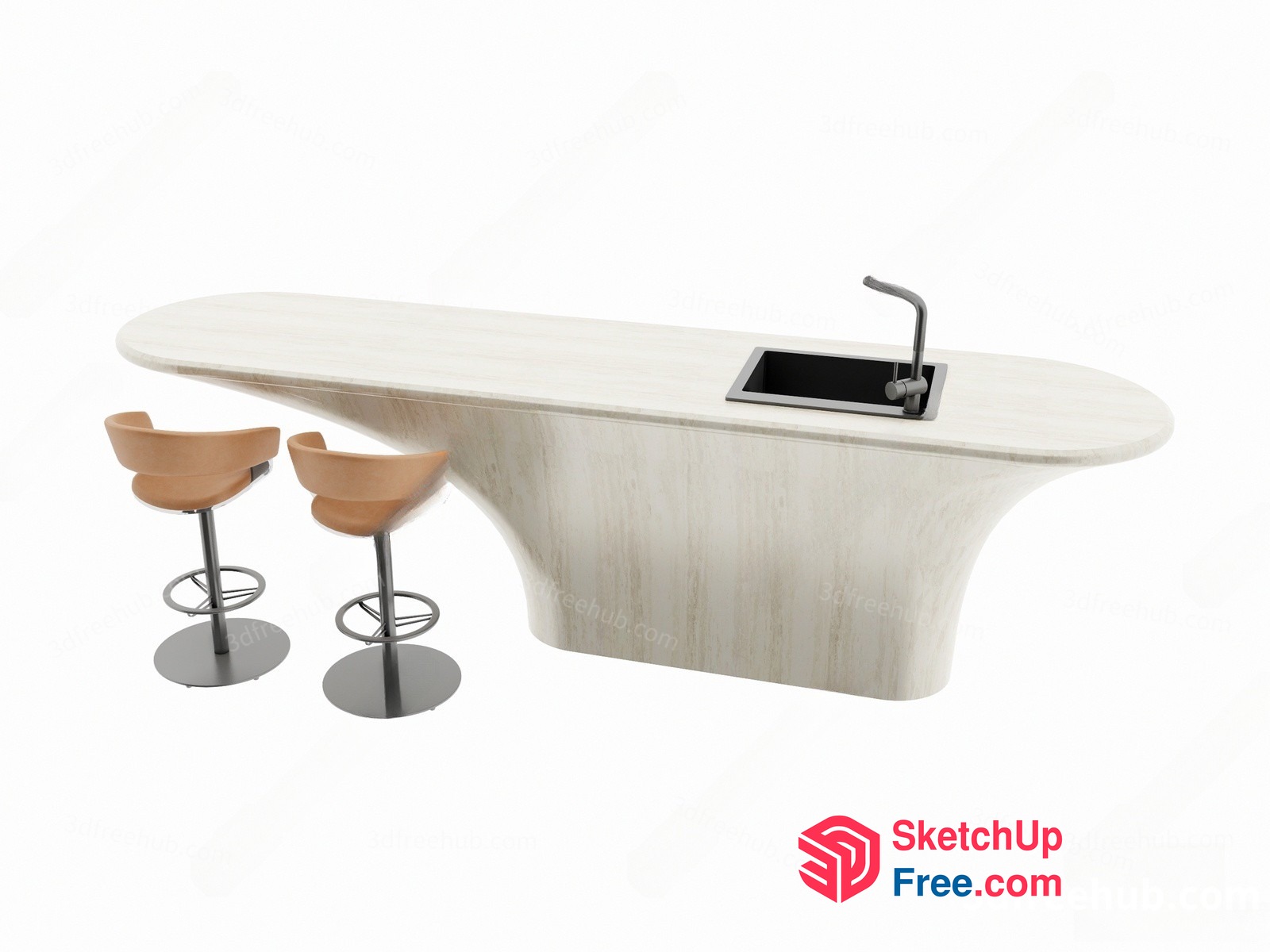 Modern Kitchen Counter With Sink And Stools 3D SketchUp File