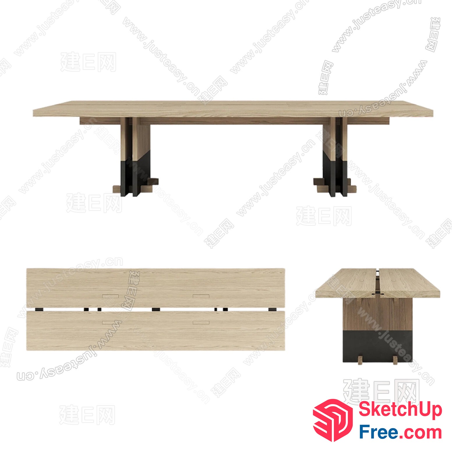 Long Wooden Table With Black Supports 3D SketchUp File