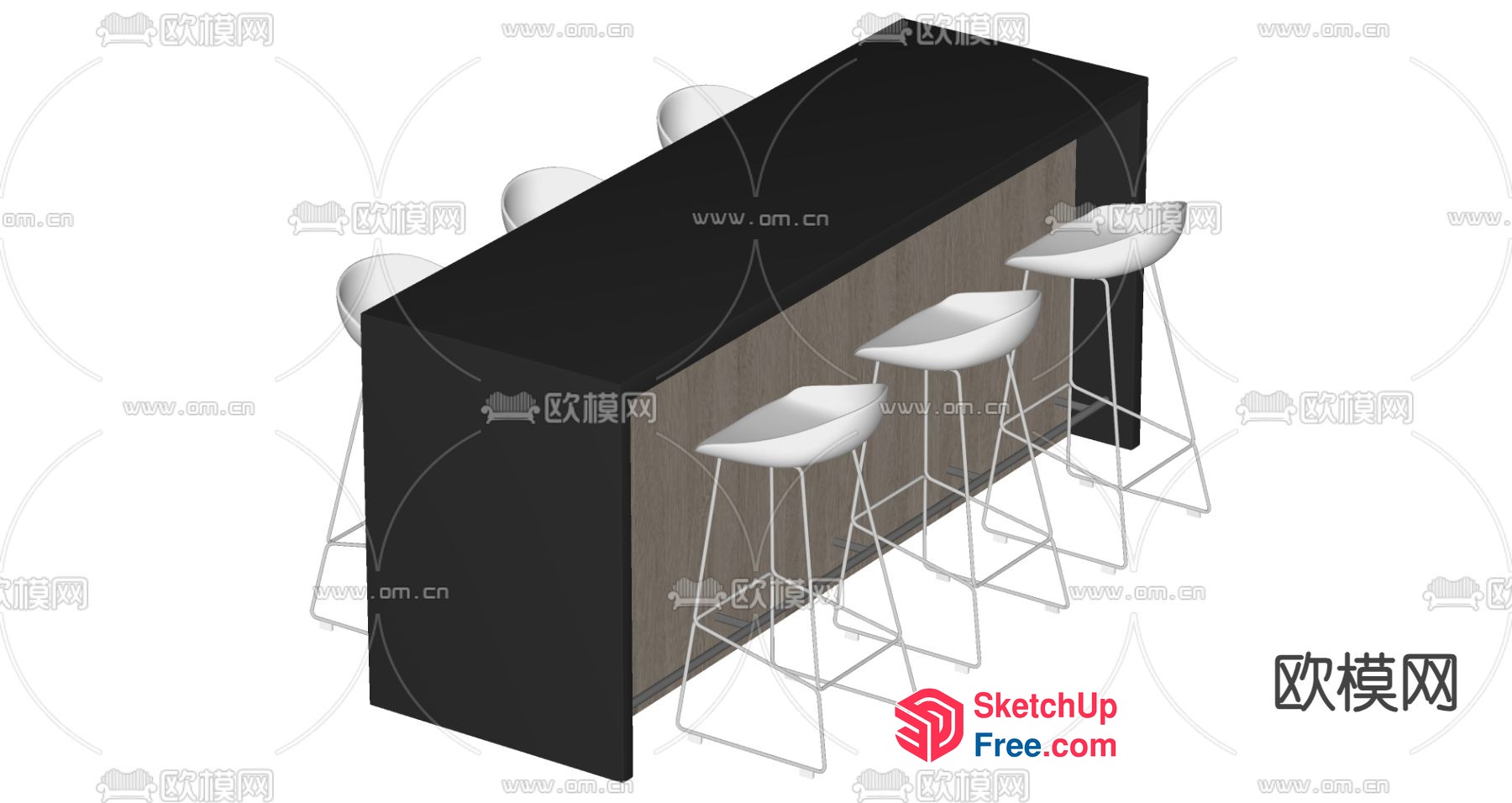 Modern Bar Counter With White Stools 3D SketchUp File