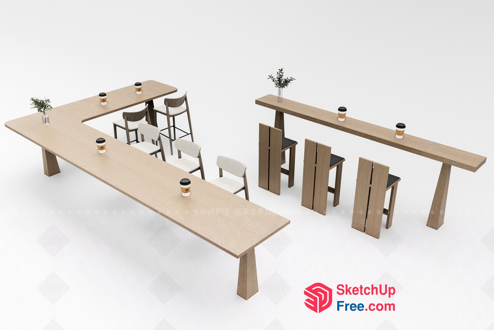 Modern Minimalist Wooden Furniture Set For Home Office 3D SketchUp File