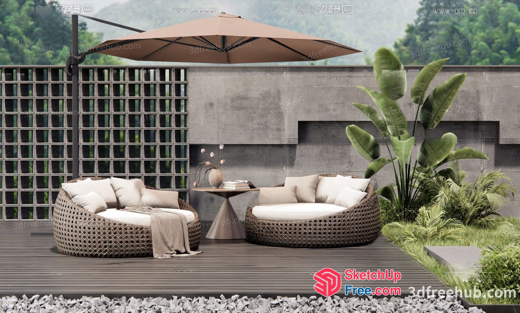 Outdoor Patio Furniture Set With Glass Brick Wall 3D SketchUp File