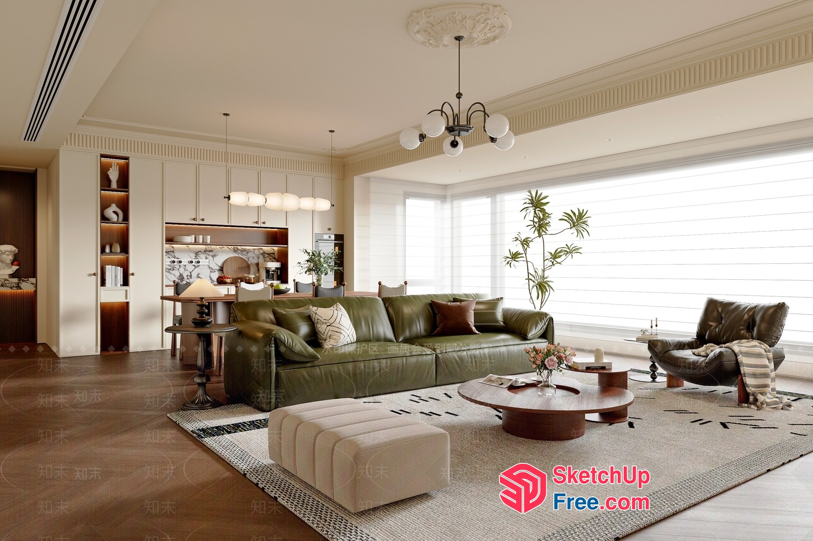 Elegant And Modern Living Room With Creamy Style Furniture 3D SketchUp File