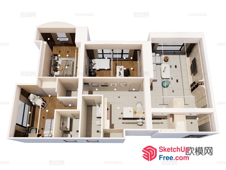 3D Model Of A Modern Apartment Plan With Various Rooms 3D SketchUp File