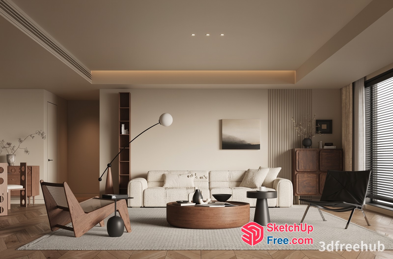 Minimalist Living Room With Creamy Style And Wood Accents 3D SketchUp File