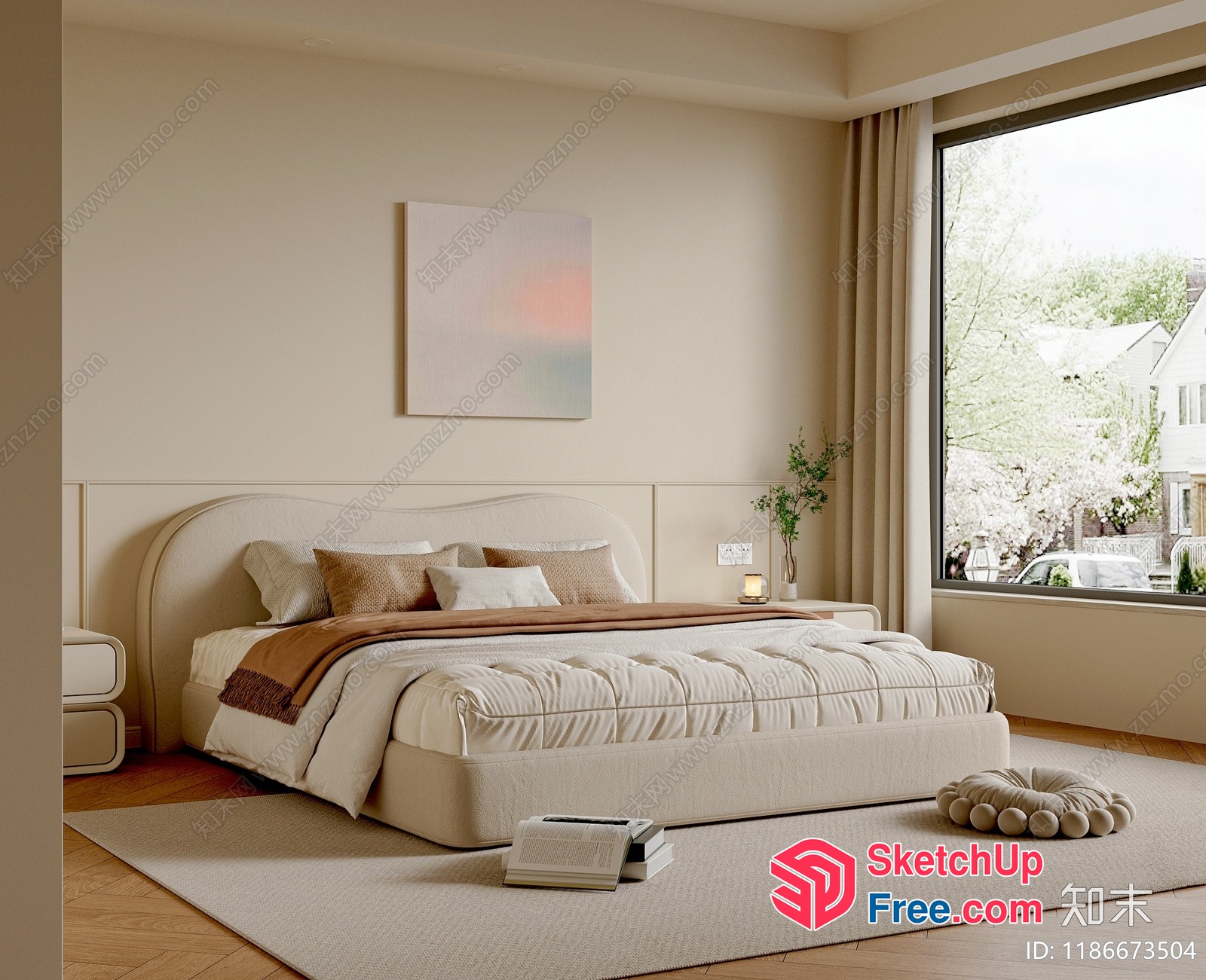Modern Beige Bedroom With Large Window And Minimalist Decor 3D SketchUp File