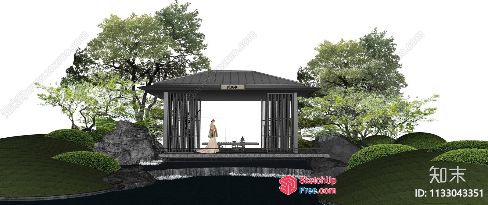 Asian-Inspired Outdoor Pavilion With Elegant Water Feature 3D SketchUp File