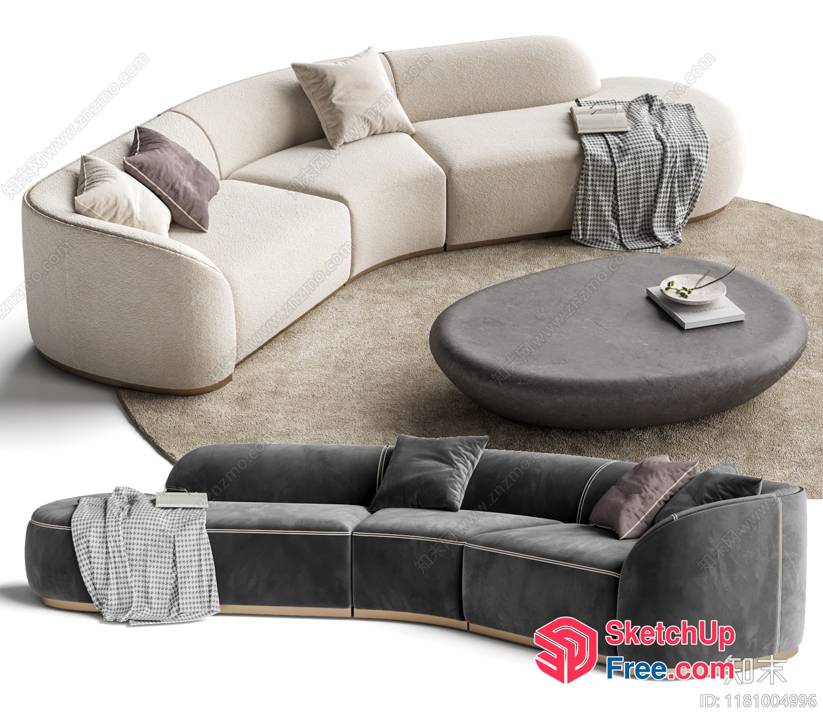 Curved Sofa With Pillows And Throw Blanket 3D SketchUp File