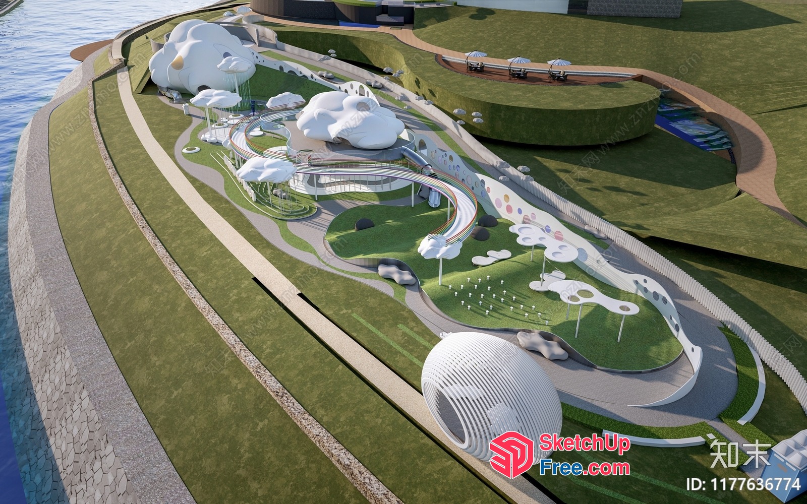 Futuristic Park Landscape With Unique Cloud-Shaped Buildings 3D SketchUp File