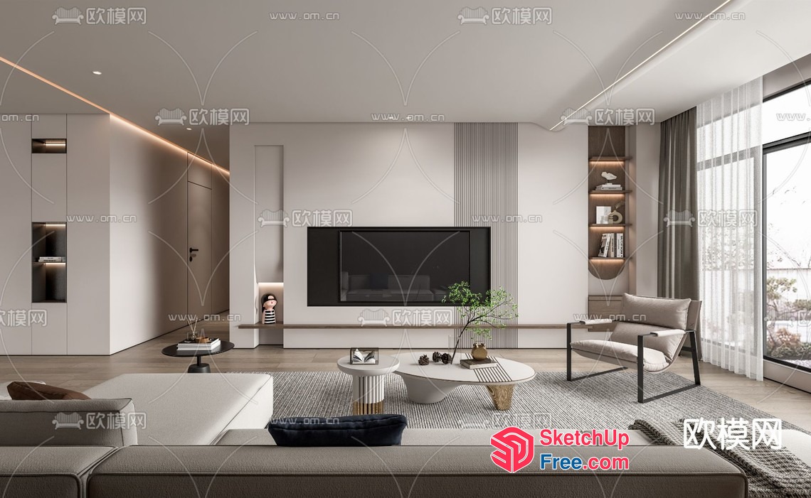 Modern Minimalist Living Room With Tv And Coffee Tables 3D SketchUp File