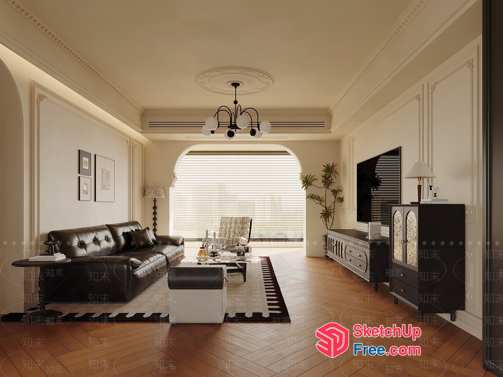 Elegant Living Room With Leather Sofa And Tv Cabinet 3D SketchUp File