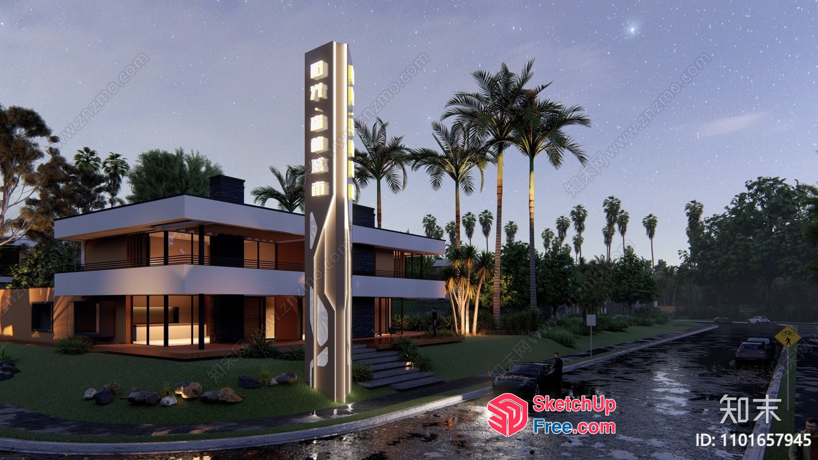 Modern Villa With Unique Pillar And Street View 3D SketchUp File