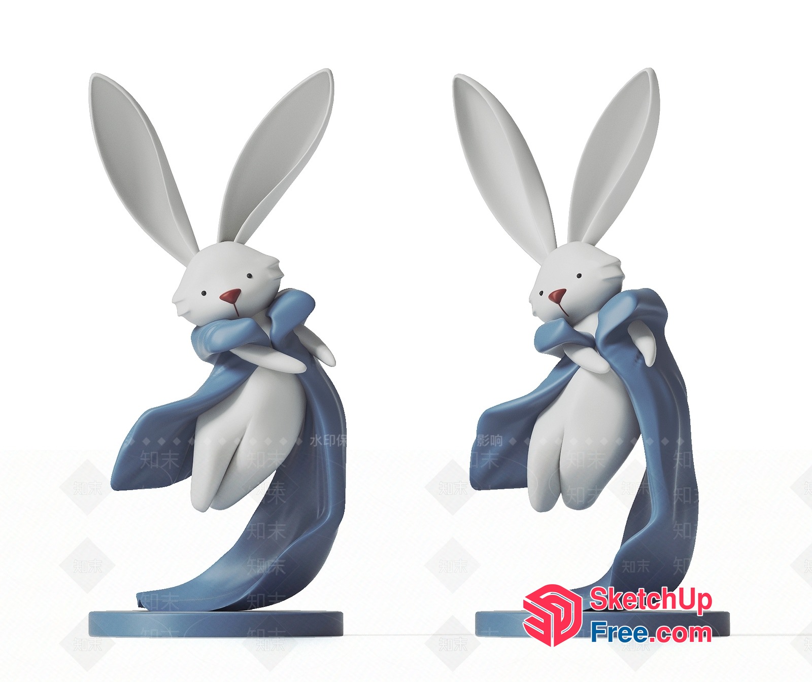 Adorable White Rabbit Figurines With Blue Scarves 3D SketchUp File