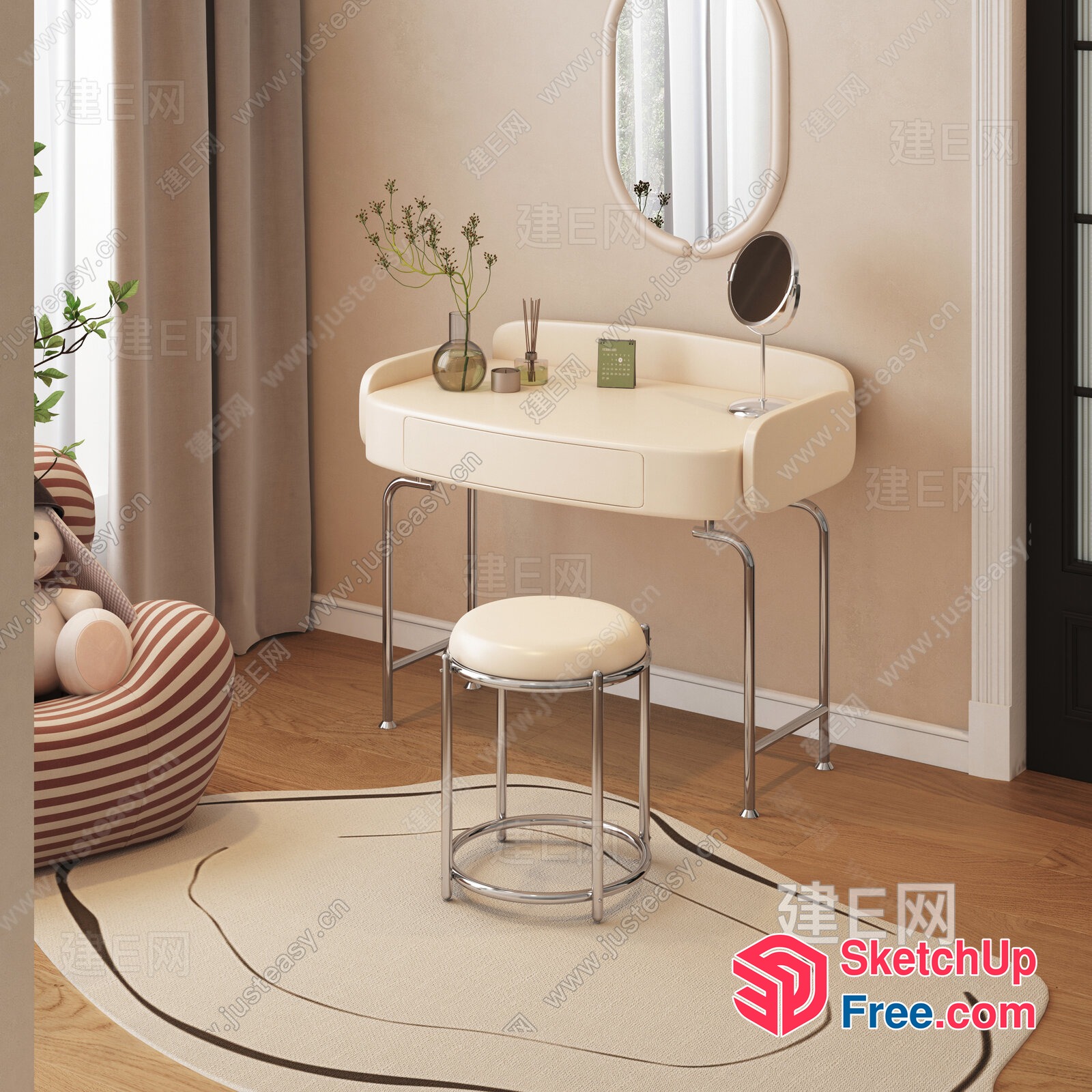 Elegant Creamy-Style Vanity Set For A Serene Beauty Routine 3D SketchUp File