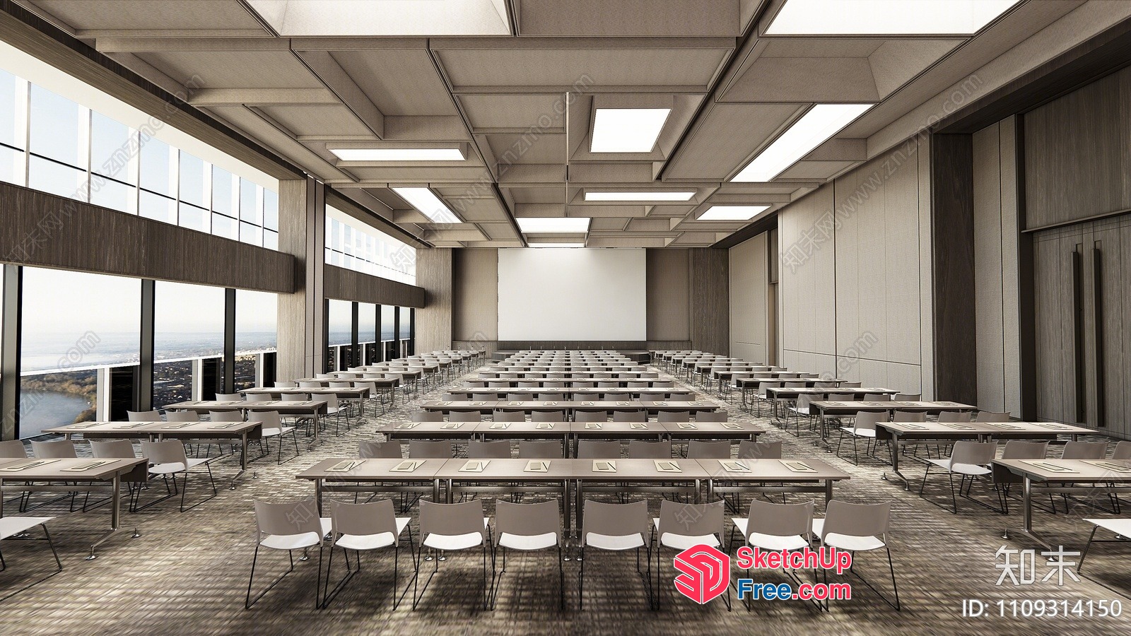 Modern Conference Room With Large Windows And Ceiling Lights 3D SketchUp File