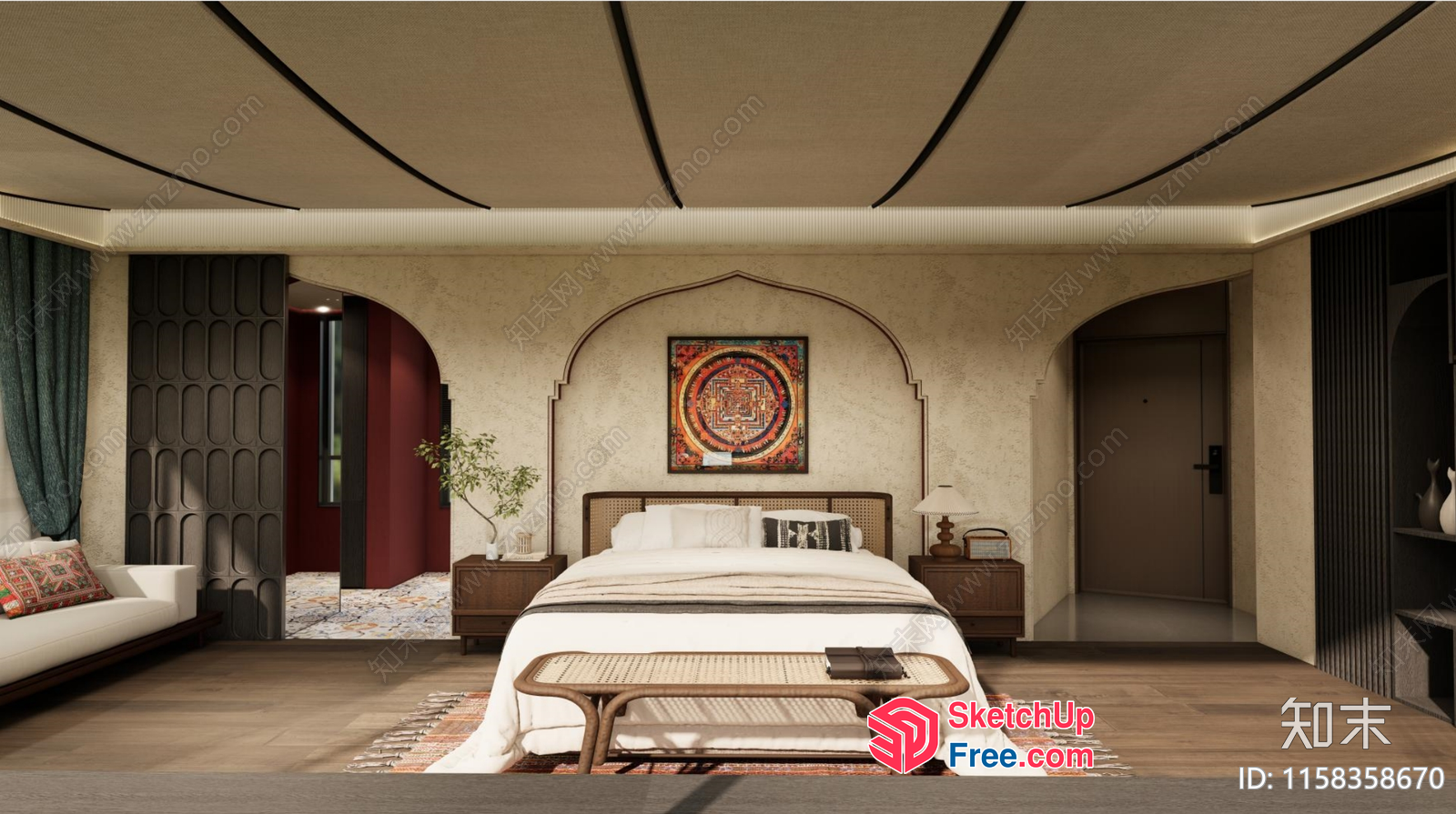 Exquisite Indian-Style Bedroom With Ornate Ceiling And Elegant Bed 3D SketchUp File