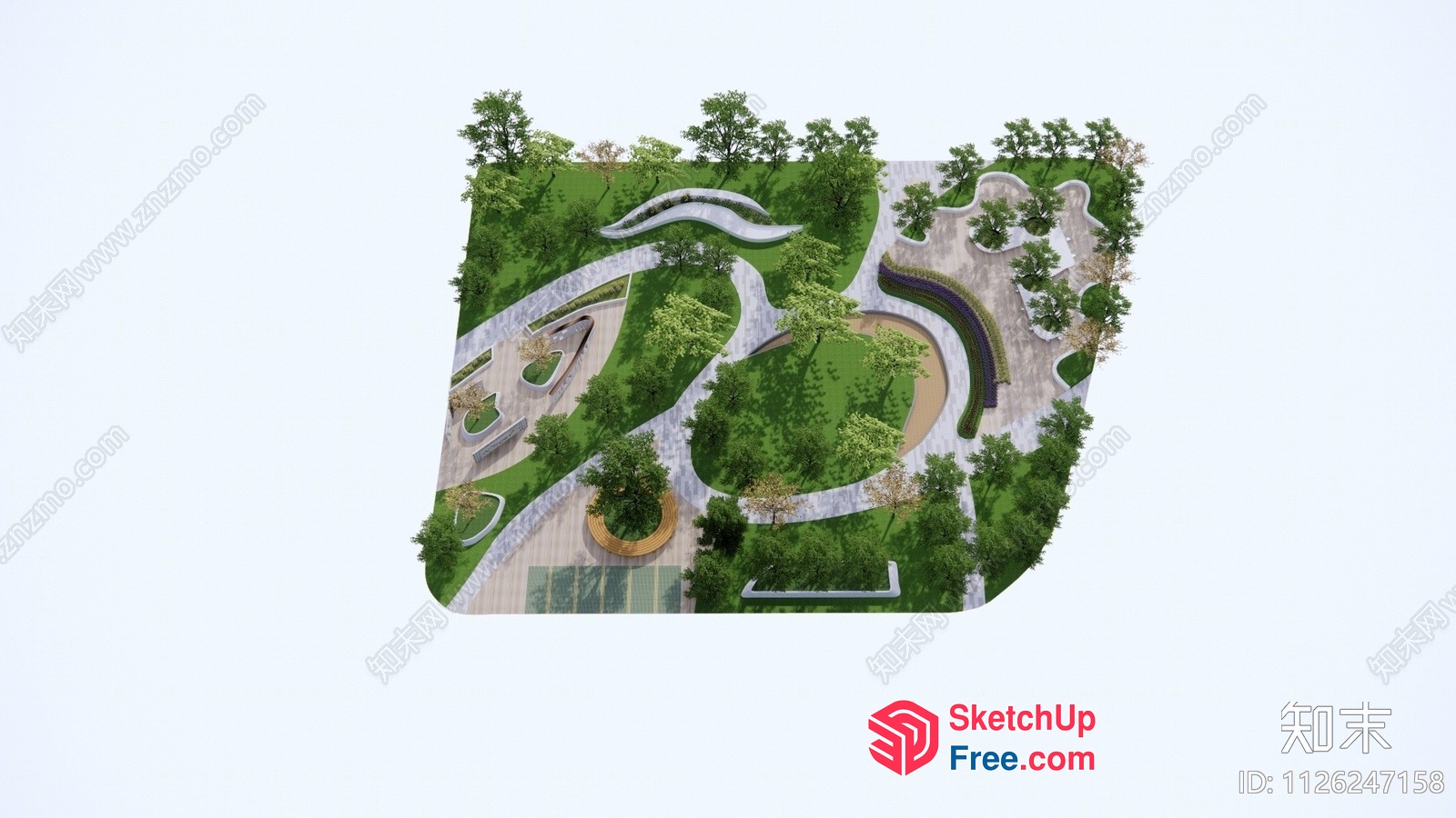 Modern Park With Curved Paths And Greenery 3D SketchUp File