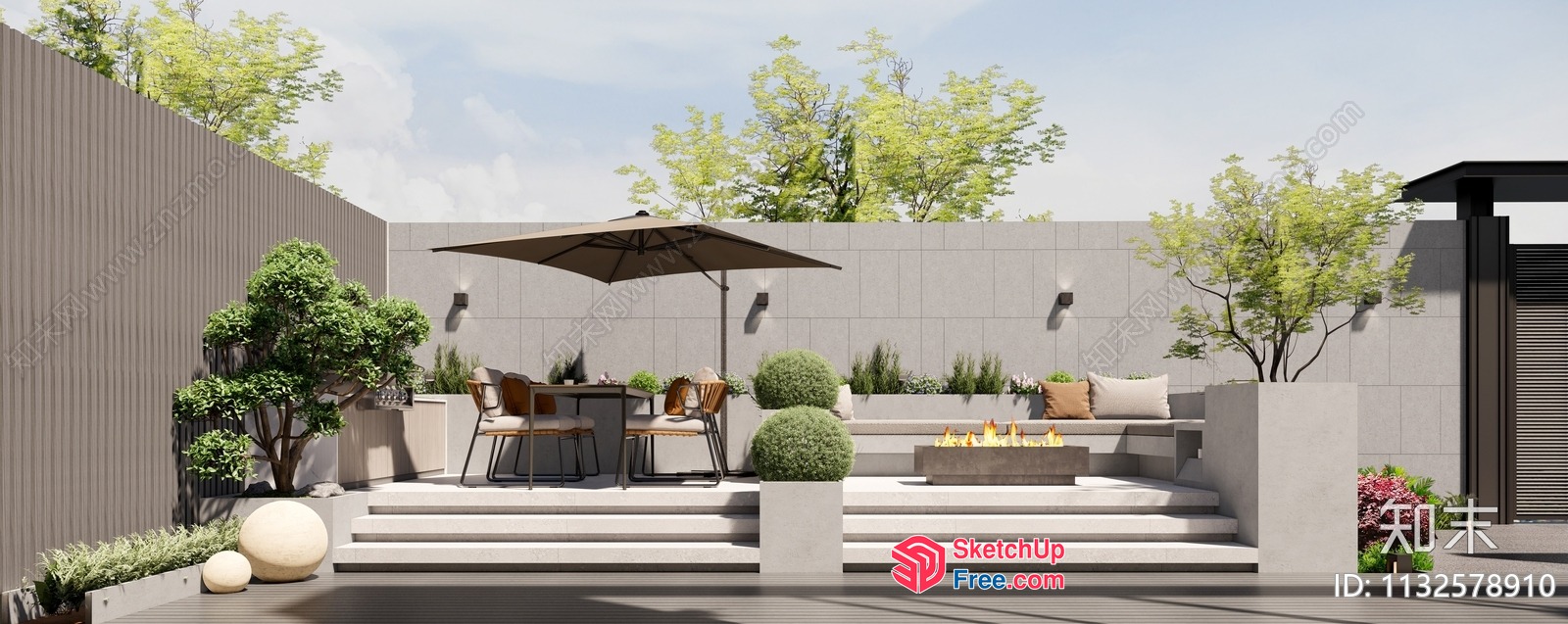 Elegant Outdoor Patio With Modern Furniture And Fire Pit 3D SketchUp File