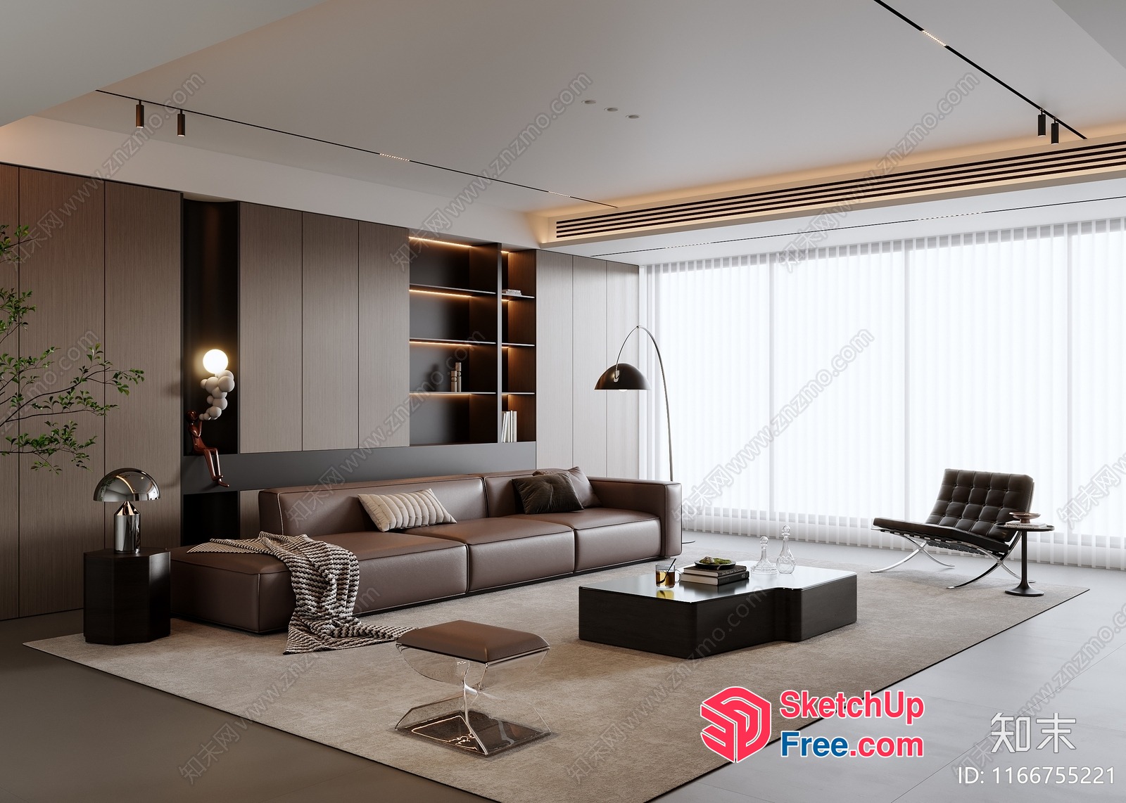 Elegant Modern Living Room With Brown Leather Furniture 3D SketchUp File