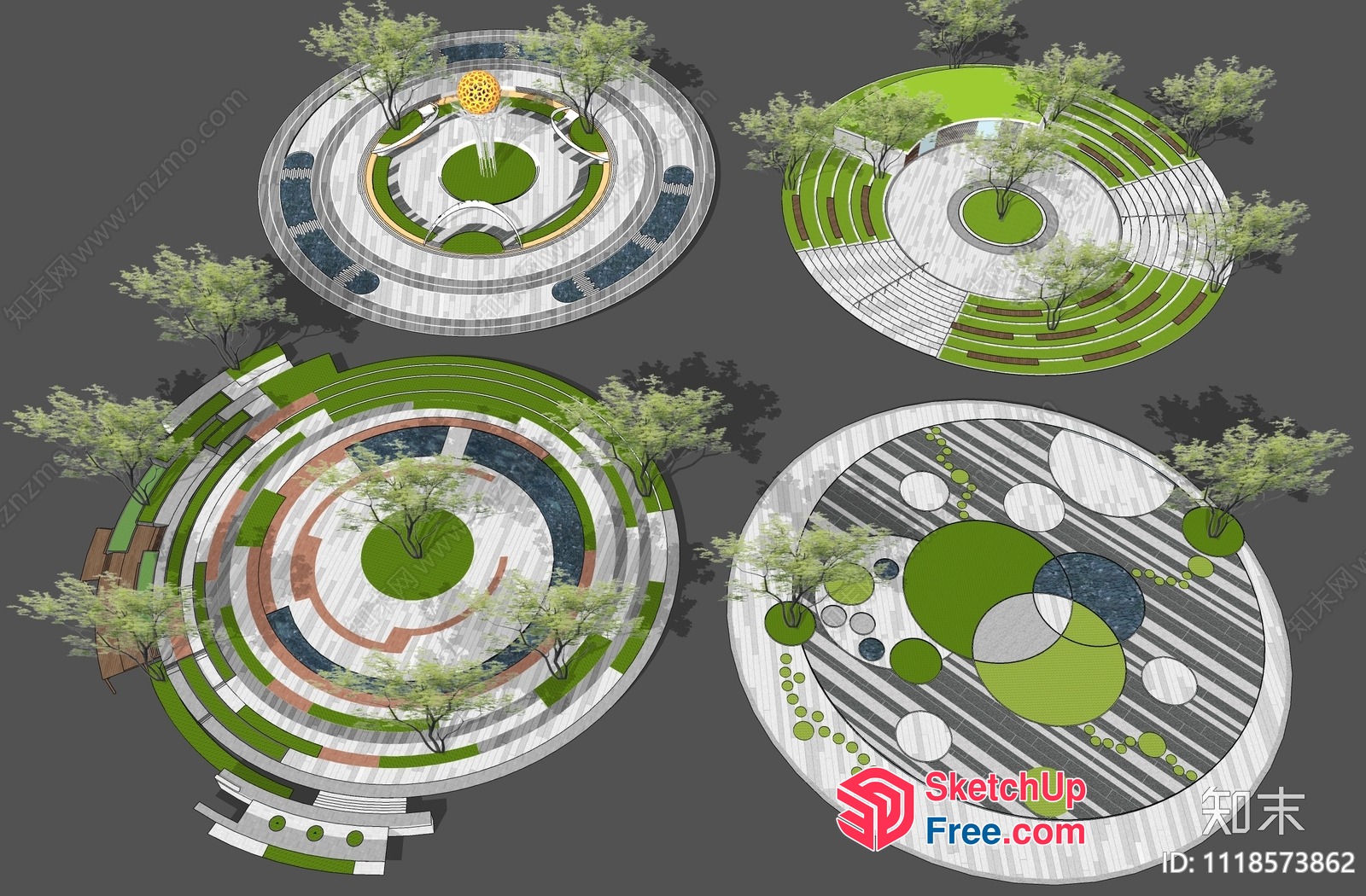Circular Outdoor Space With Tree Planters And Seating 3D SketchUp File