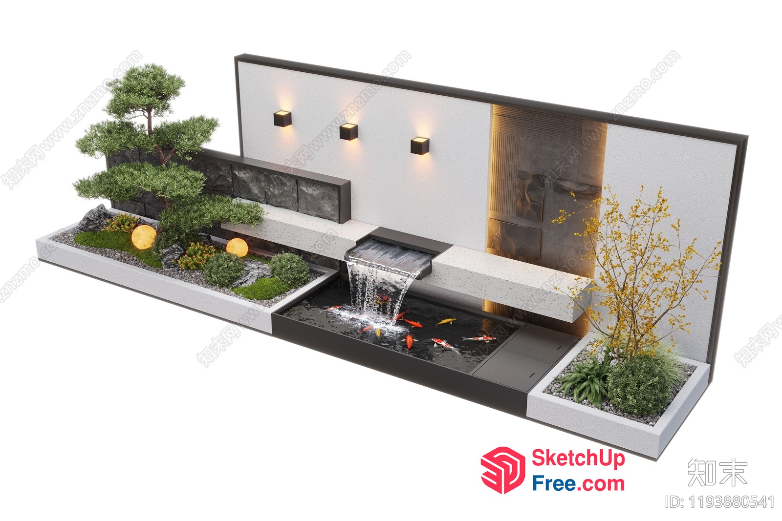 Modern Minimalist Japanese Style Waterfall And Koi Pond 3D SketchUp File