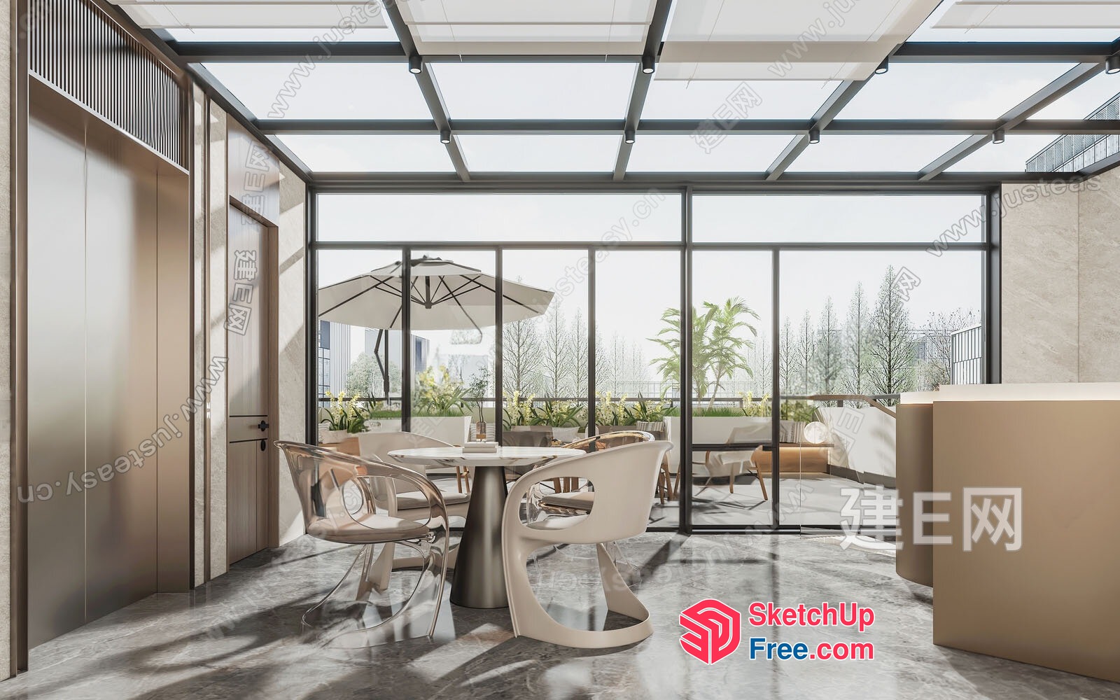 Modern Office Space With Glass Curtain Wall And Elevators 3D SketchUp File