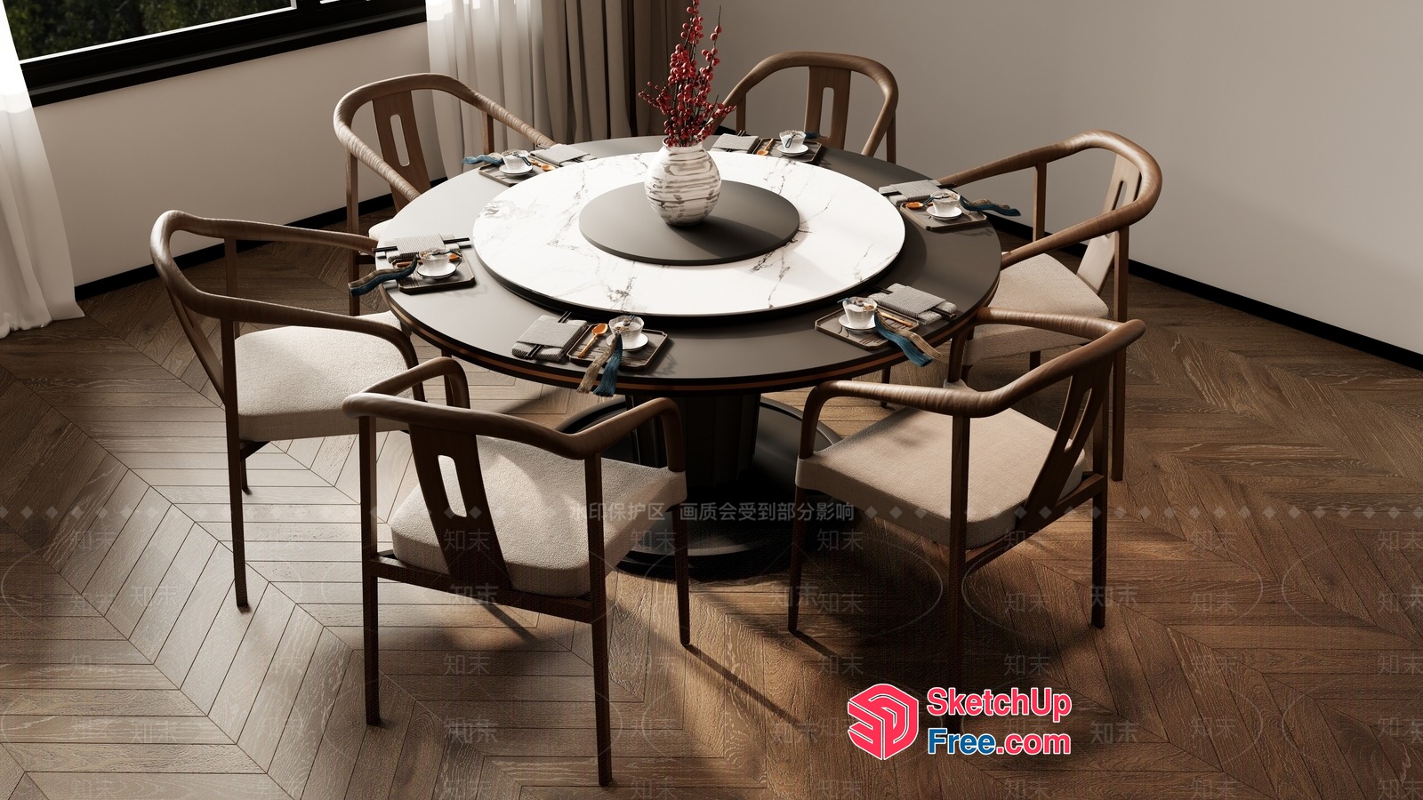 Elegant Dining Room With Round Table And Chairs 3D SketchUp File