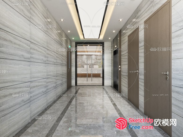 Modern Marble Hallway With Elevator 3D SketchUp File