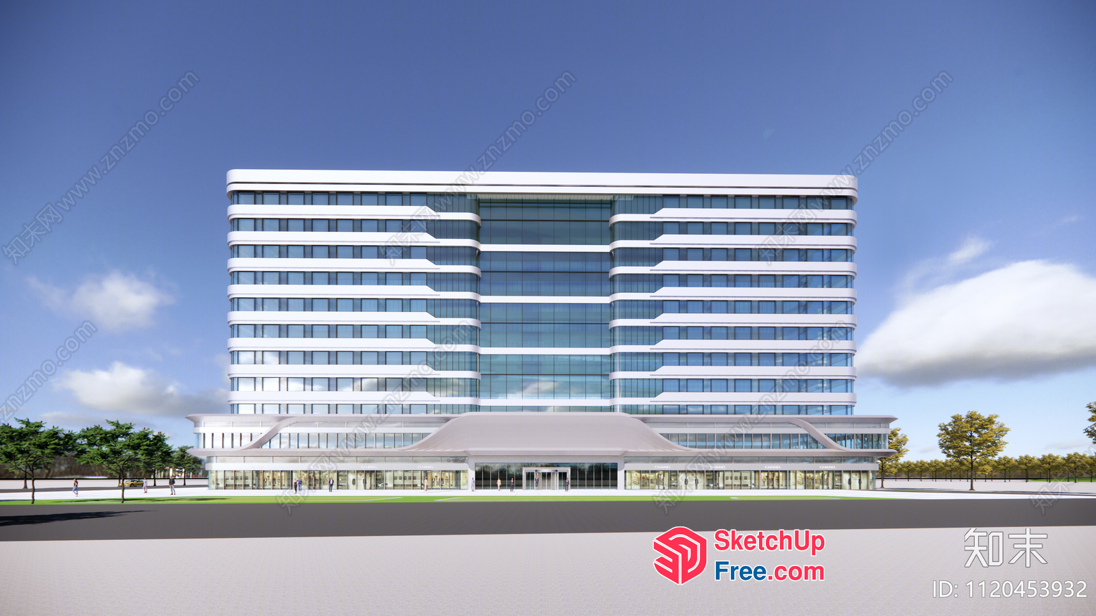 Modern Office Building With Glass Curtain Wall And Pillars 3D SketchUp File