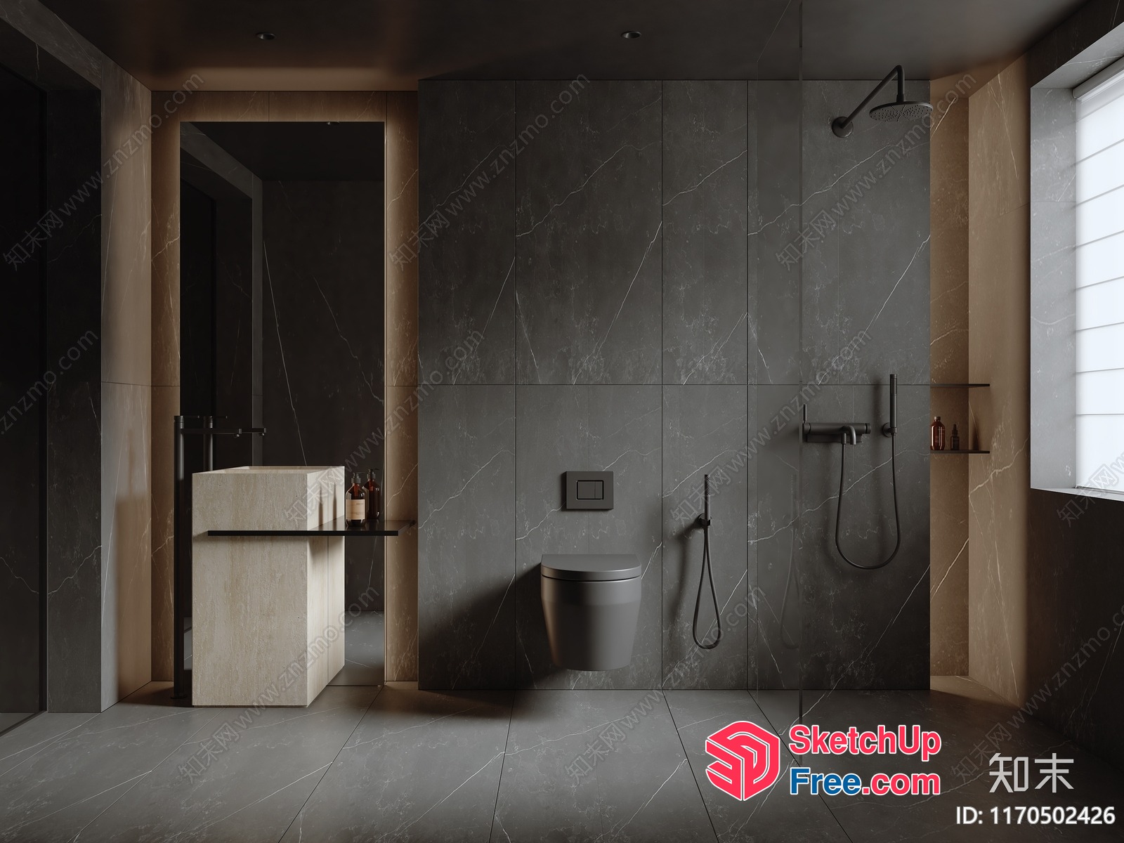 Modern Bathroom Interior With Dark Gray Tiles And Black Fixtures 3D SketchUp File