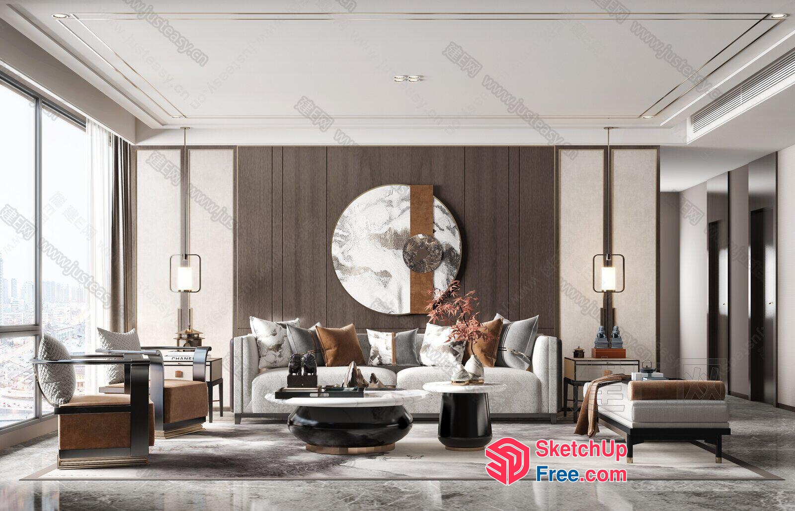 Elegant Living Room With Marble Accents And Natural Light 3D SketchUp File