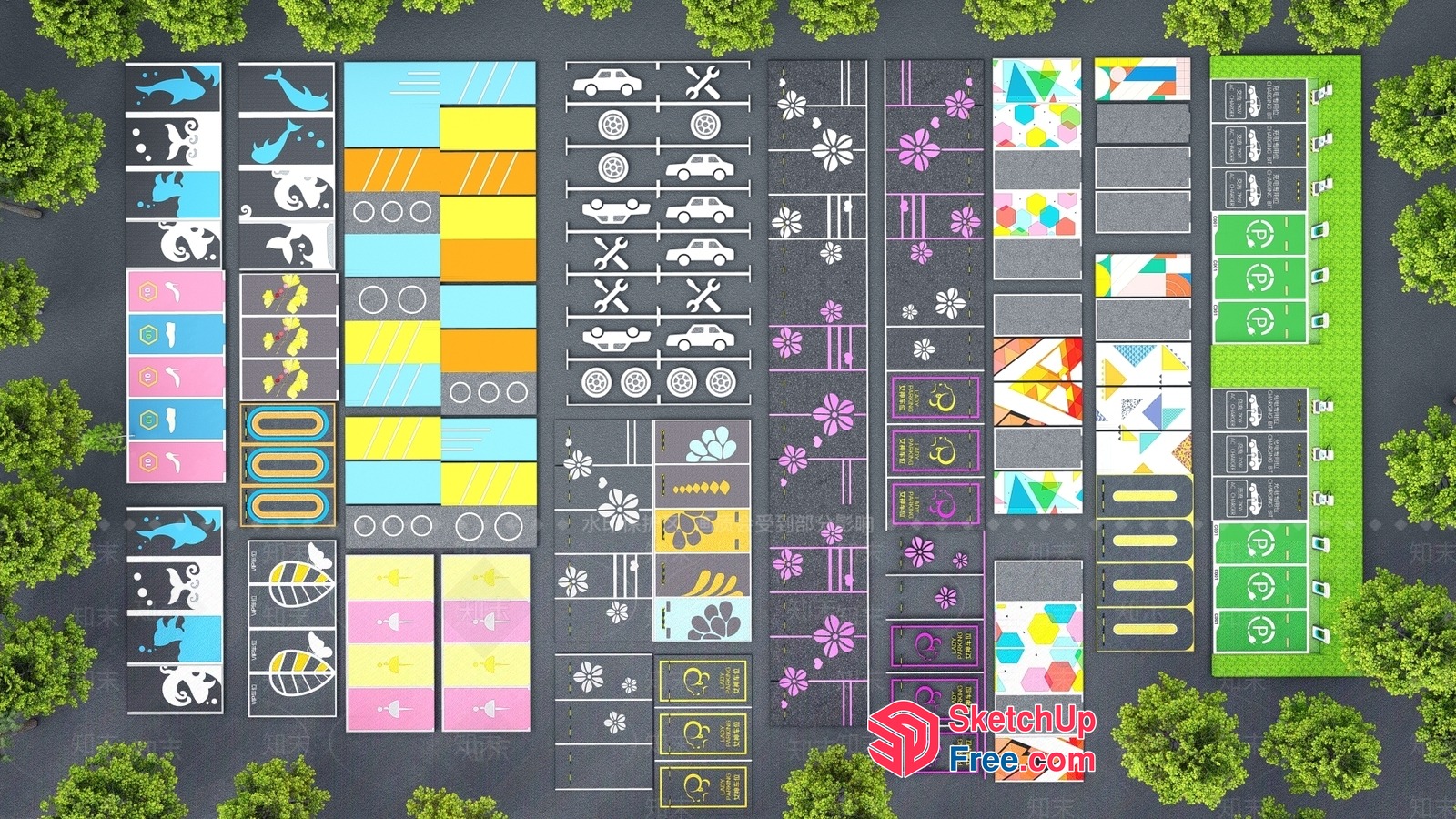 Colorful Parking Lot Designs With Various Themes 3D SketchUp File