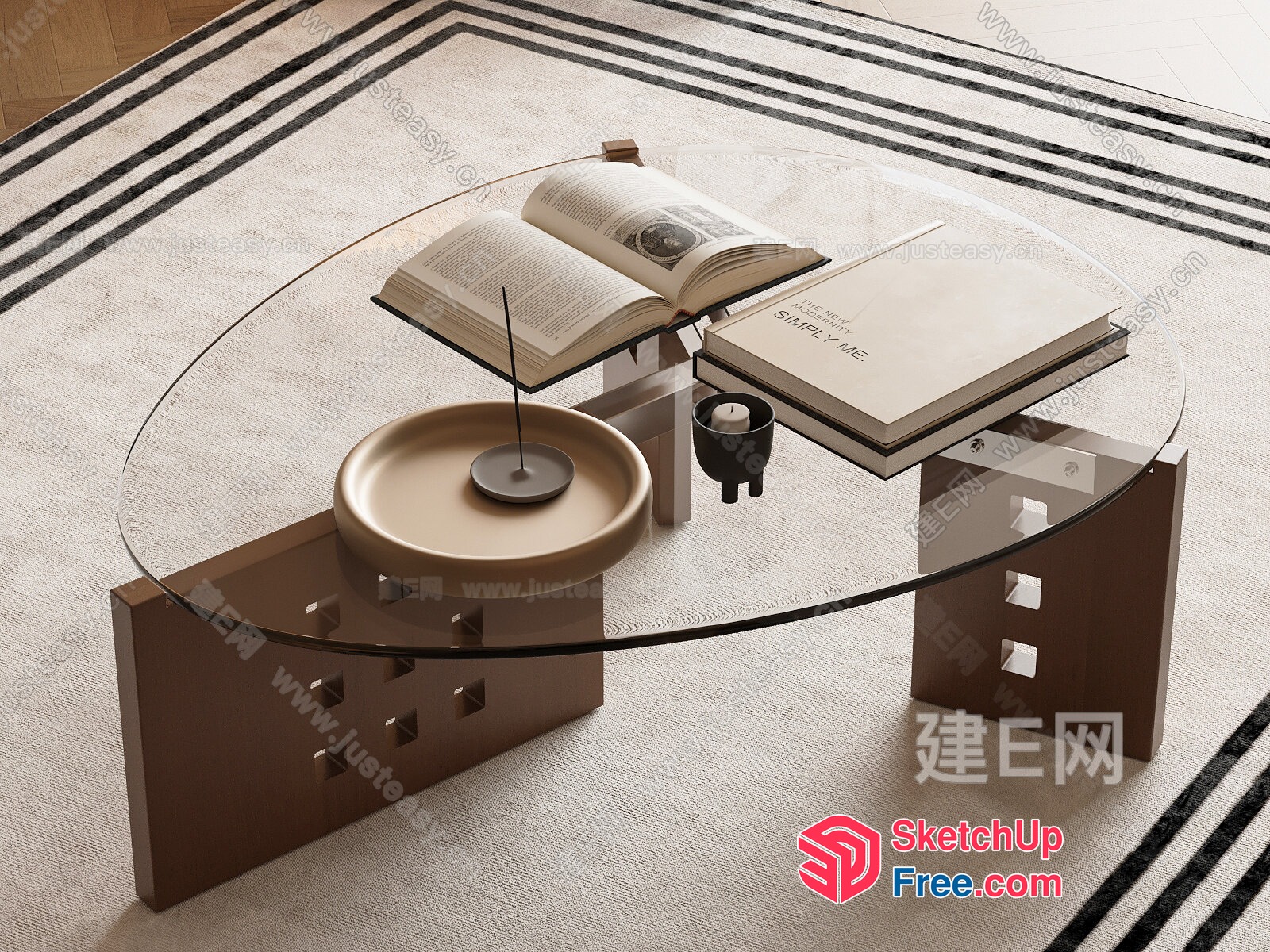 Modern Glass Coffee Table With Brown Wooden Legs 3D SketchUp File