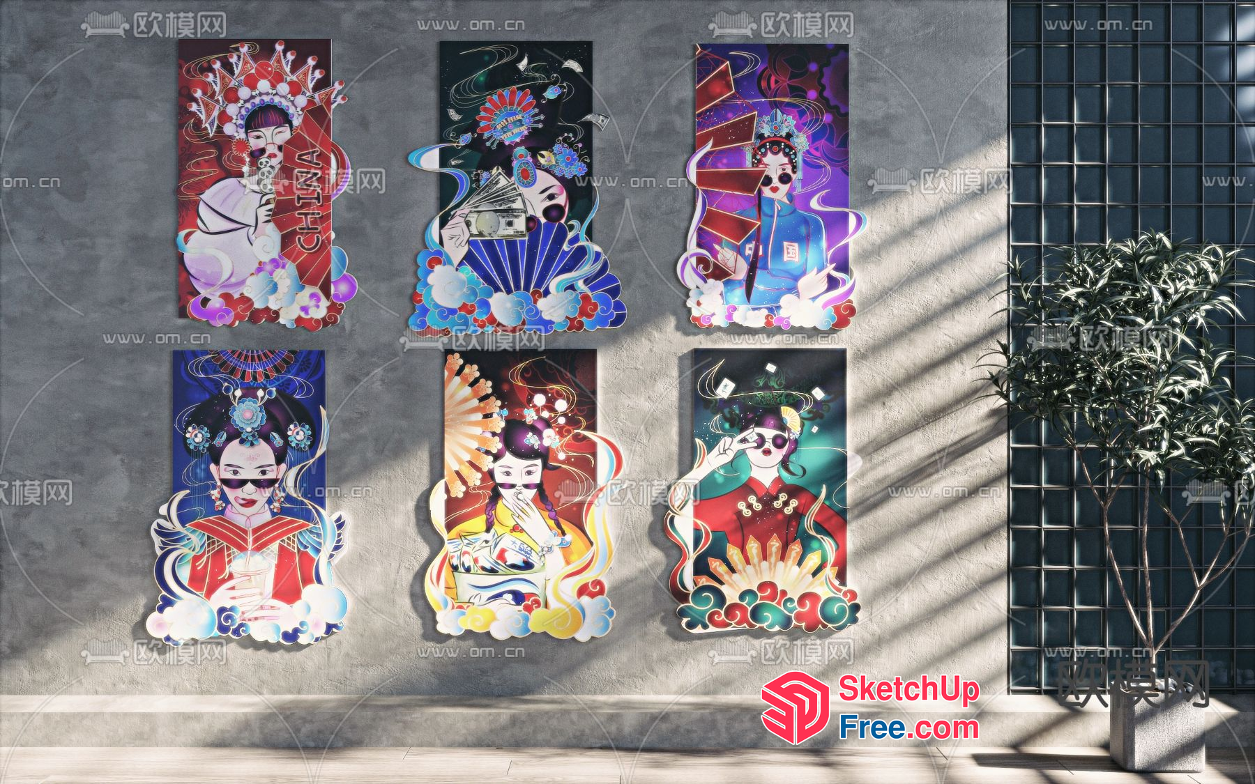Colorful Geisha Style Decorative Art Pieces 3D SketchUp File