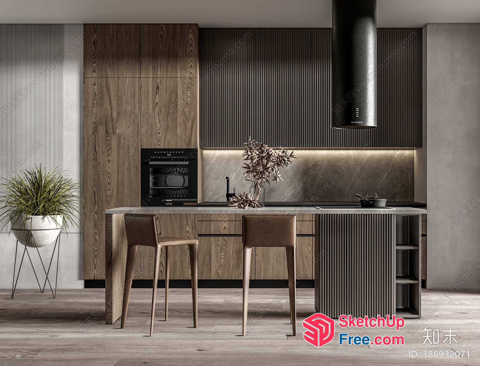 Modern Minimalist Kitchen Island With Black And Wood Accents 3D SketchUp File