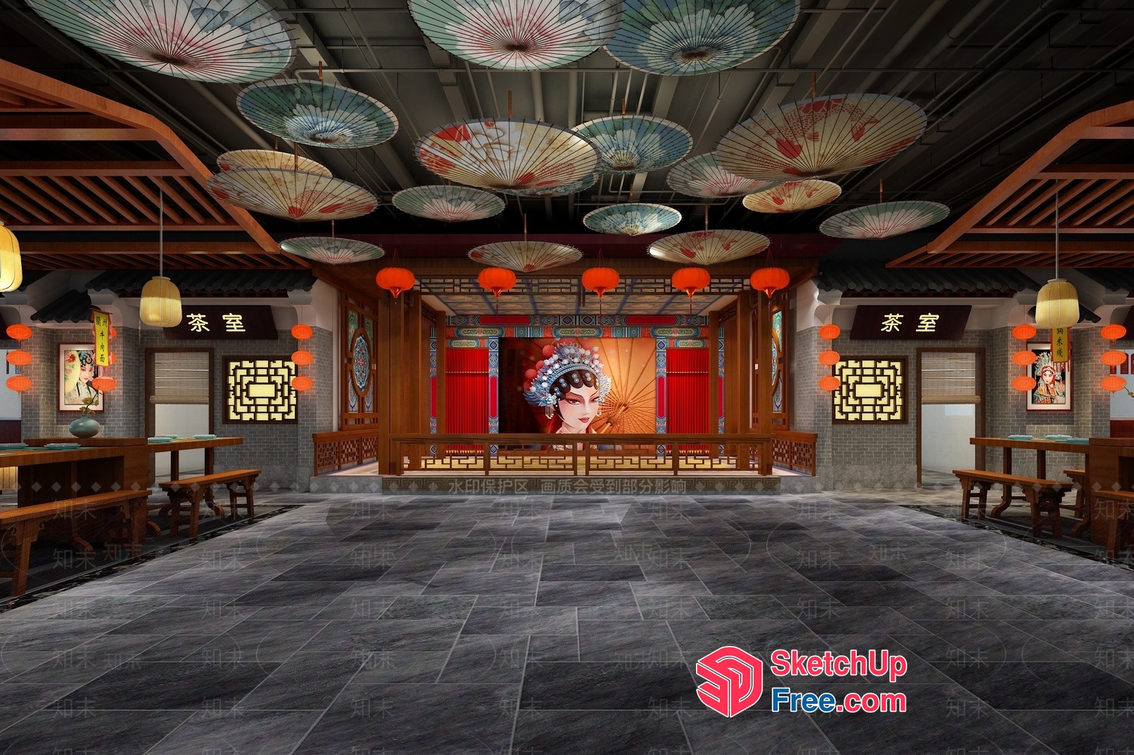 Traditional Chinese Restaurant Interior With Stylized Umbrella Decor 3D SketchUp File