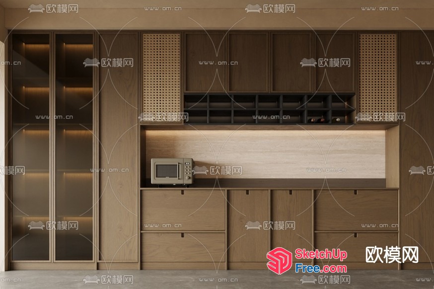 Modern Kitchen With Wooden Cabinets And Appliances 3D SketchUp File