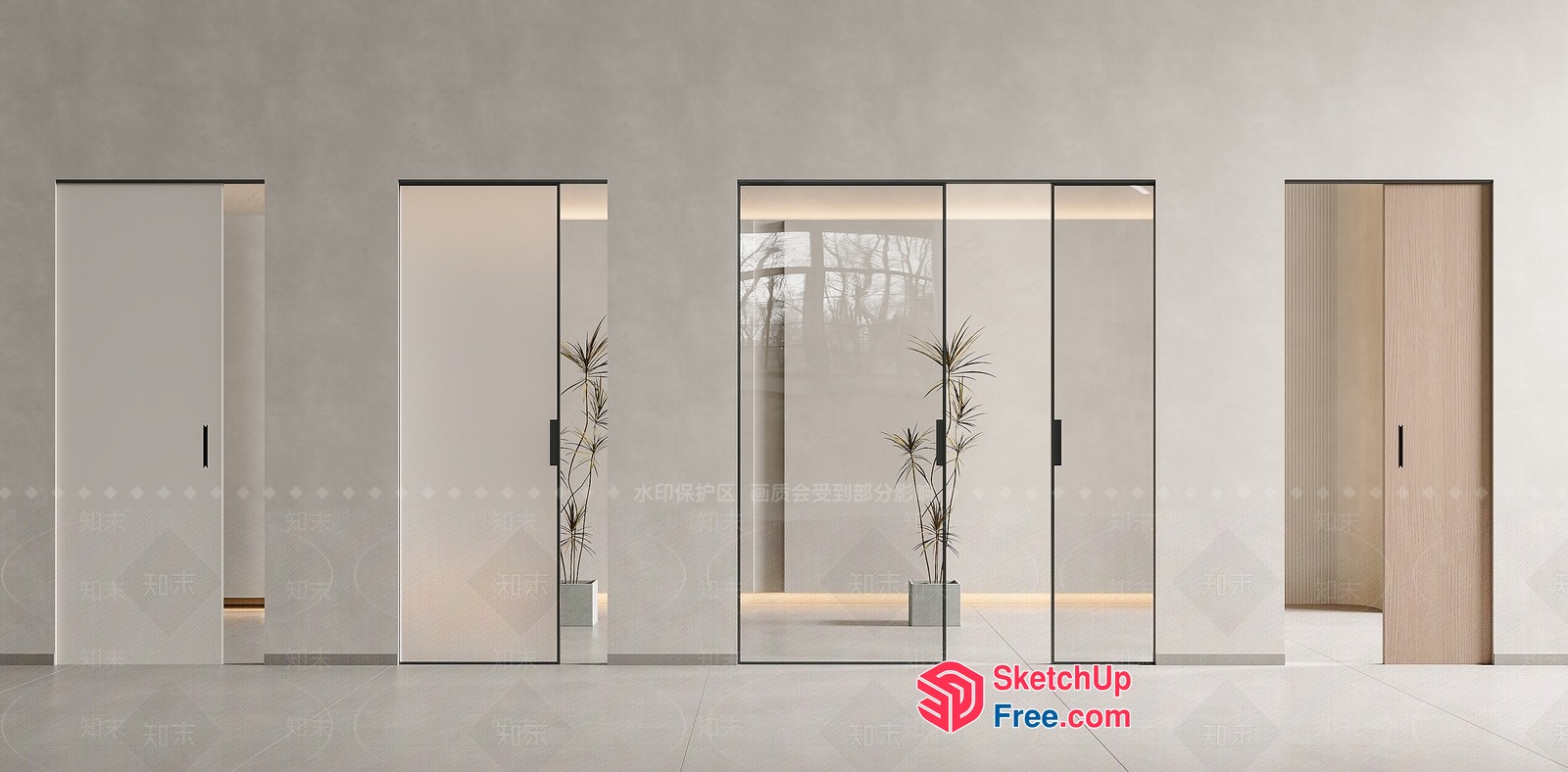 Modern Minimalist Interior With Sleek Glass Doors And Plants 3D SketchUp File
