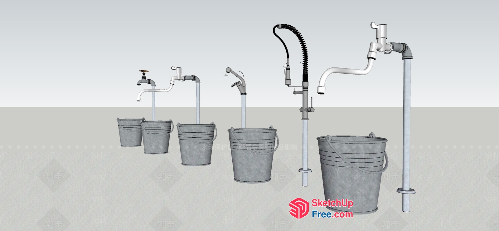 Five Buckets With Various Faucets 3D SketchUp File