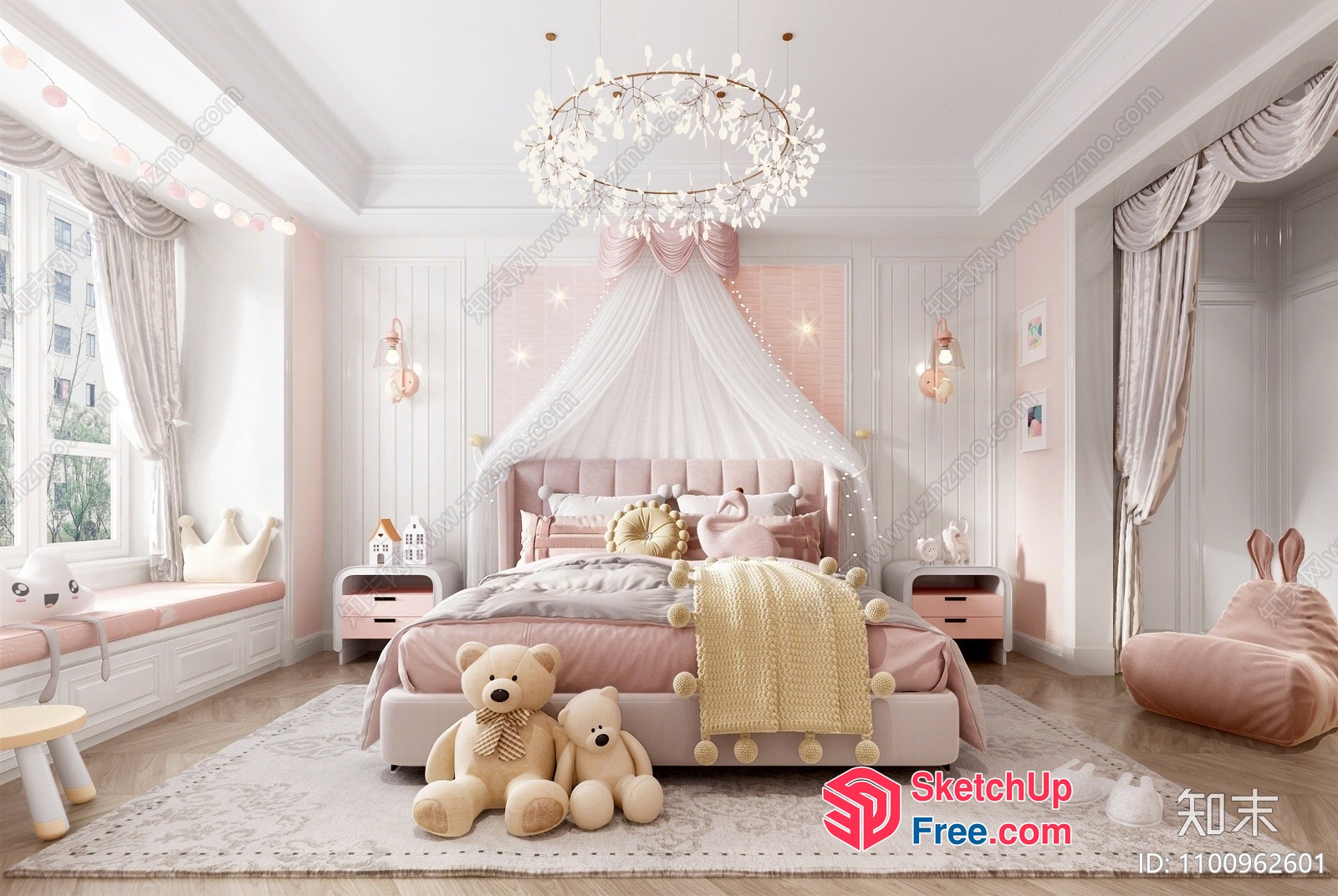 Elegant And Cozy Pink And White Children'S Bedroom 3D SketchUp File