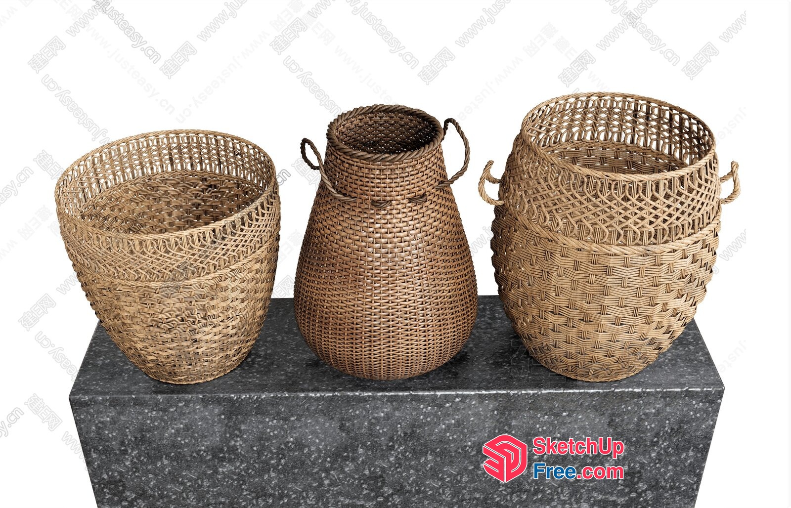 Three Wicker Baskets On A Grey Stone Pedestal 3D SketchUp File
