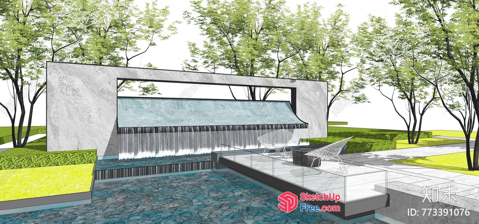 Modern Outdoor Pool With Waterfall Feature 3D SketchUp File