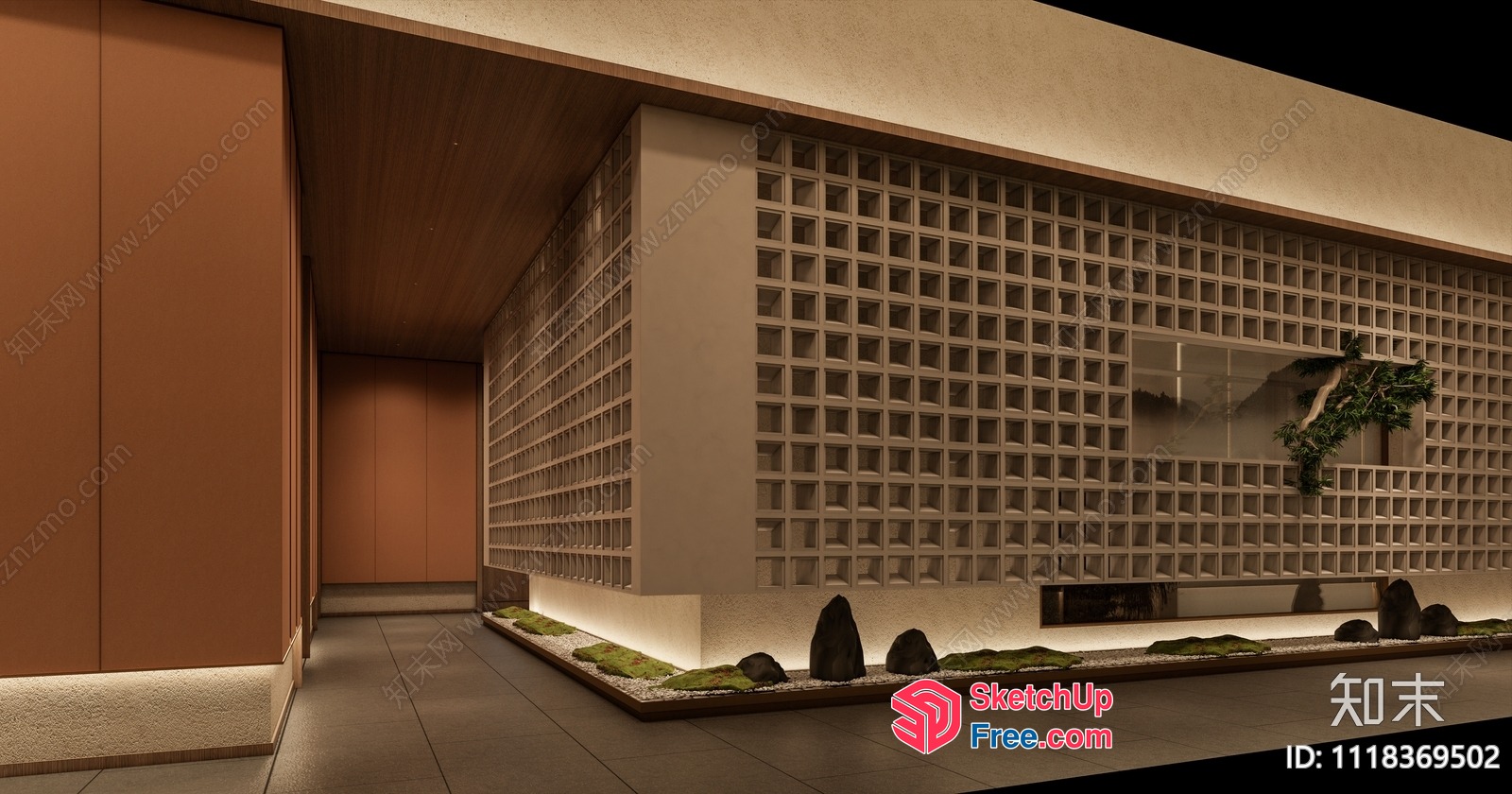 Japanese Style Interior With Glass Brick Wall And Decorative Stones 3D SketchUp File