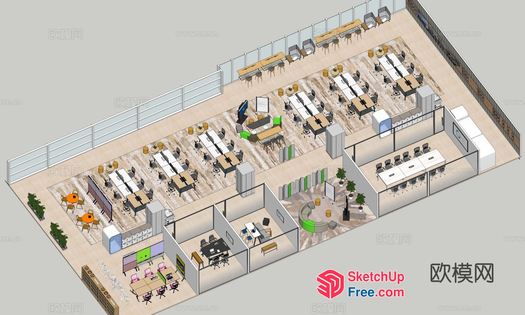 Modern Office Space With Open Workstations And Meeting Rooms 3D SketchUp File