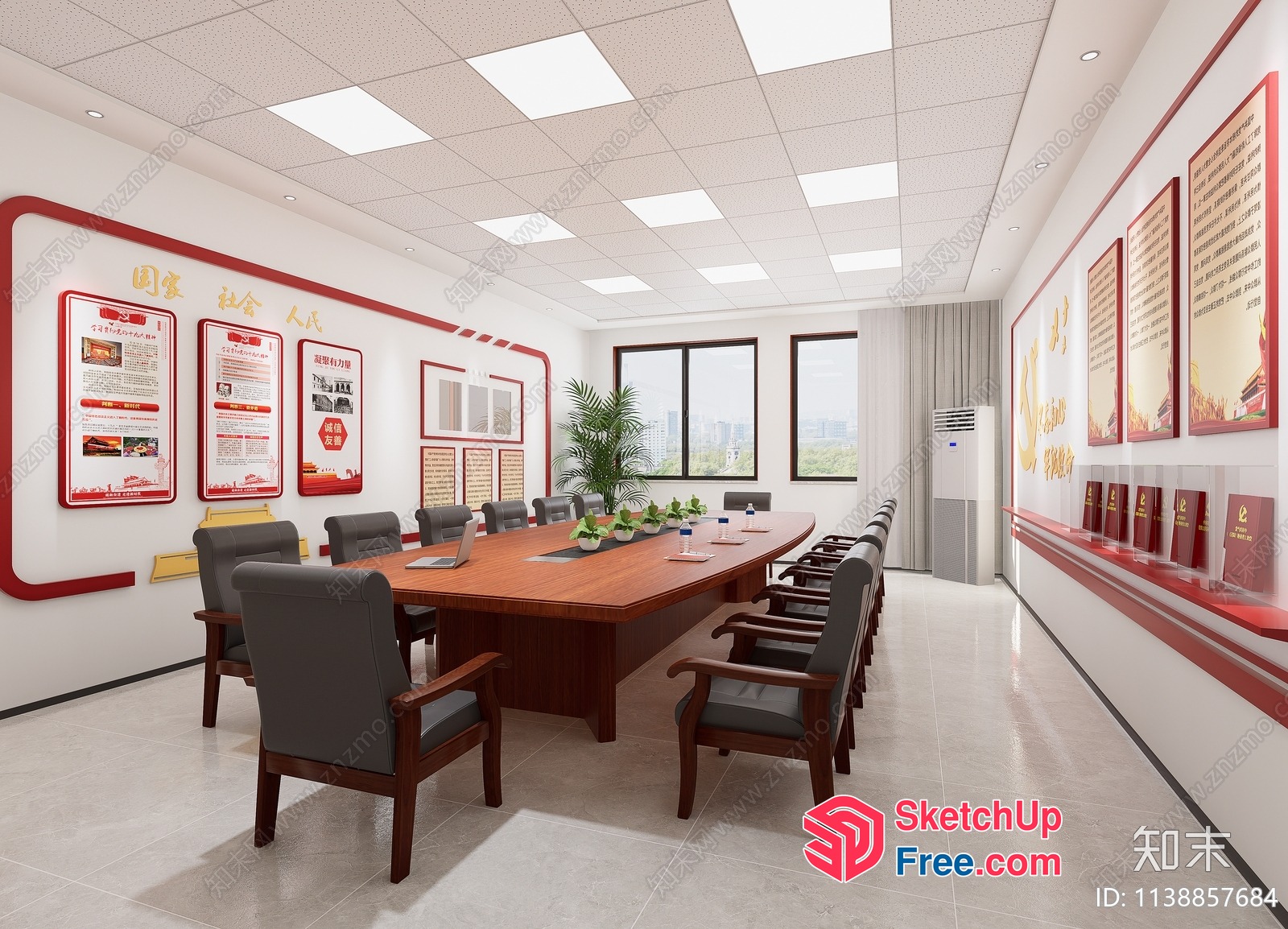 Modern Conference Room With Large Wooden Table And Gray Chairs 3D SketchUp File