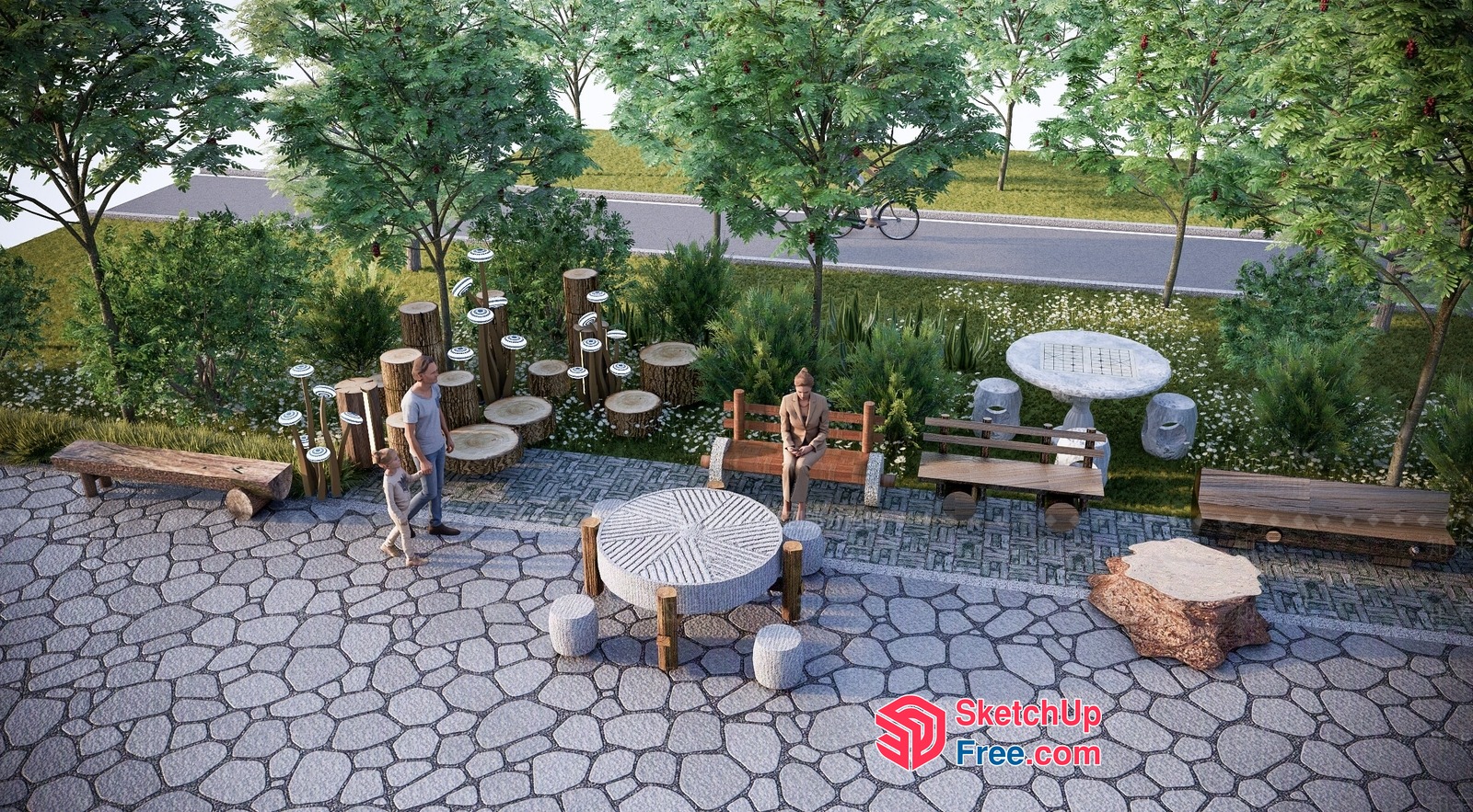 Outdoor Seating Area With Natural Elements 3D SketchUp File