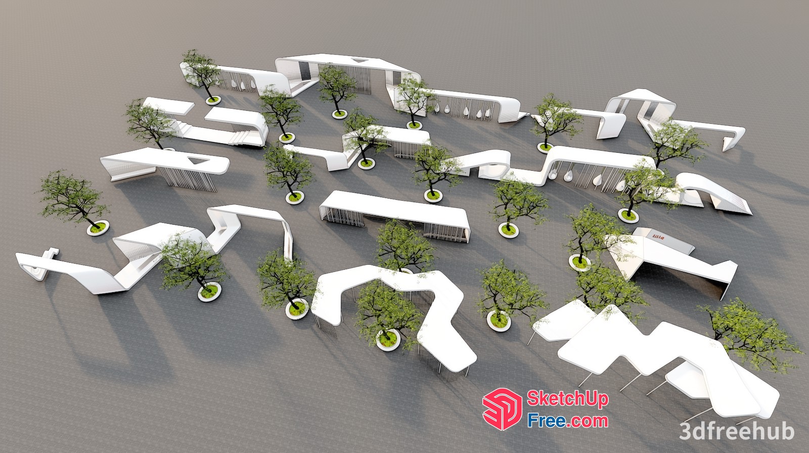 Modern White Architectural Design With Trees 3D SketchUp File
