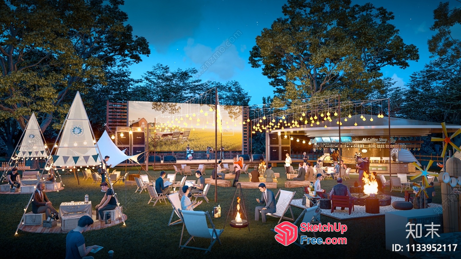Outdoor Seating Area With Fire Pits And Teepees 3D SketchUp File
